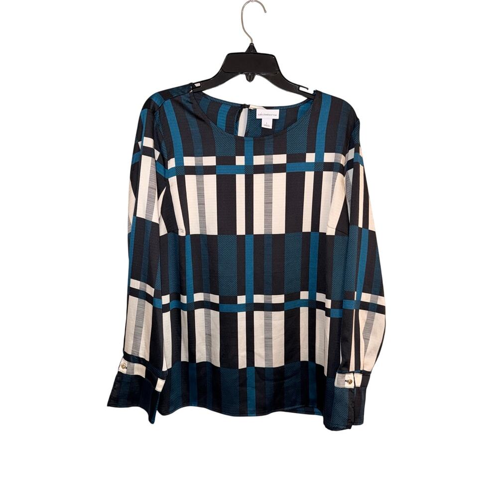 Liz Claiborne Women’s L Teal Black Plaid Long Sleeve Blouse Gold Buttons